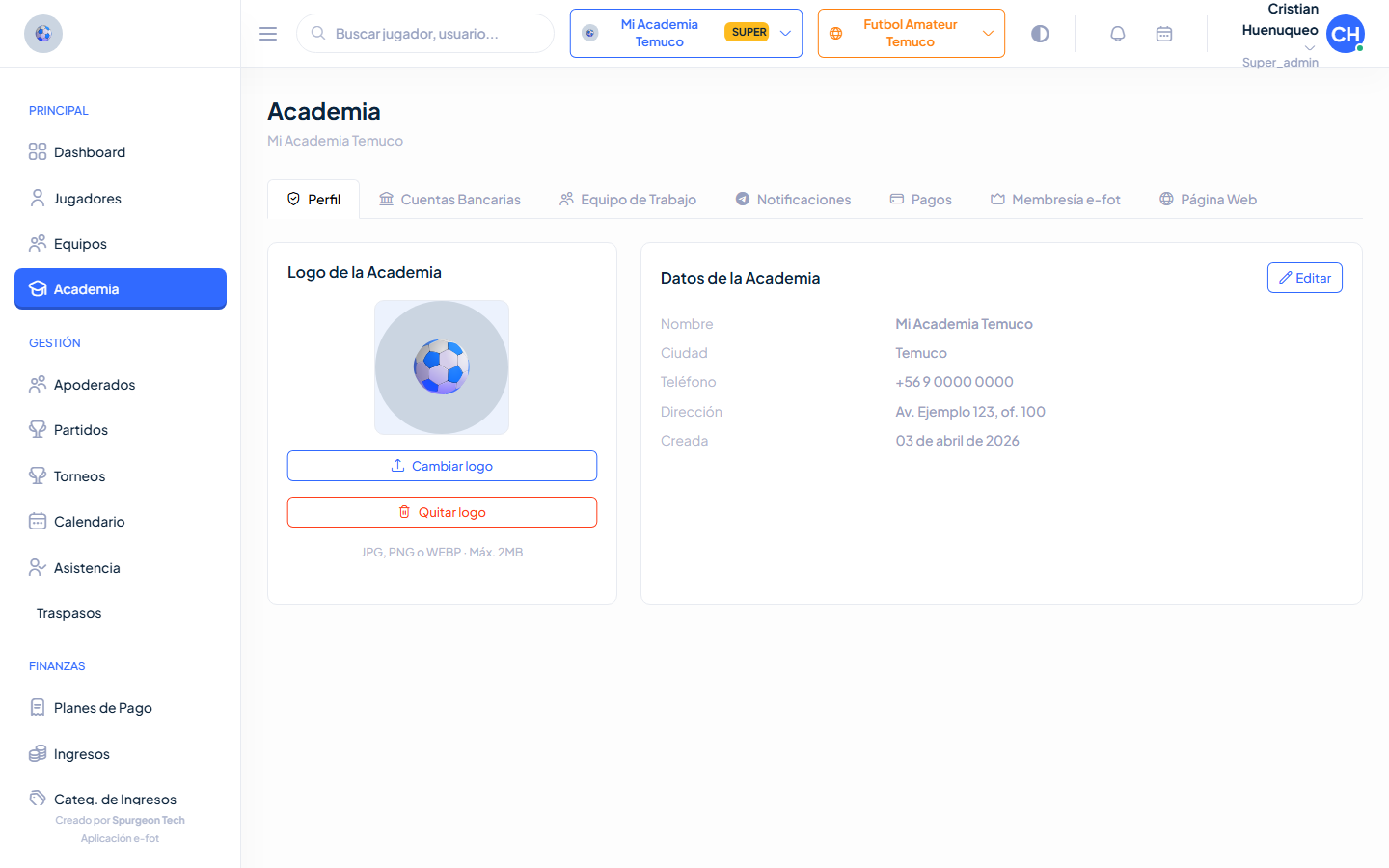 Pantalla de Perfil de la academia en E-FOT