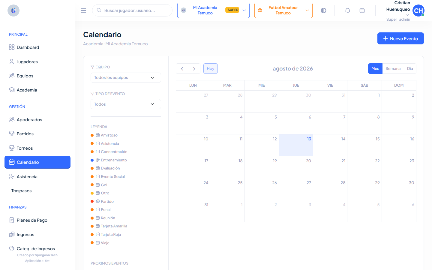 Calendario de eventos en E-FOT